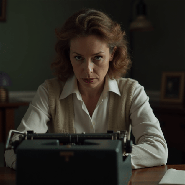 00037-4163107267-image of a middle-aged female mystery writer sitting at a typewriter - Dangerlove's