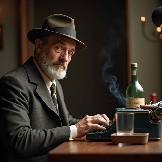00039-4064747048-image of a middle-aged guy wearing a fedora is sitting at a typewriter Hes got a gin bottle and glass on the table along with - Dangerlove's graphic novels vs traditional novels